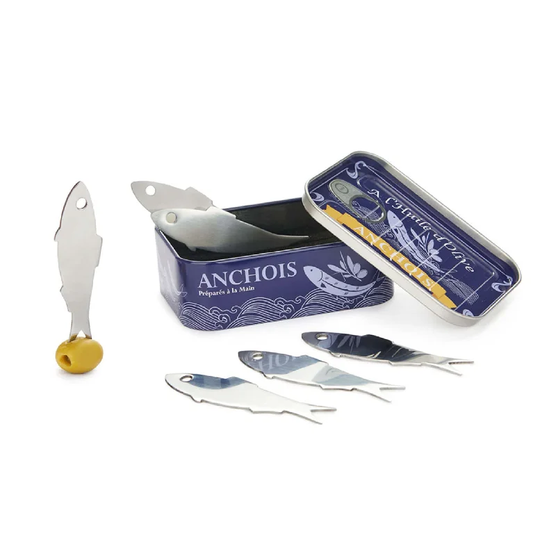 Non-toxic kids spoon-Set of 6 Anchovy Snacking Forks in a Tin