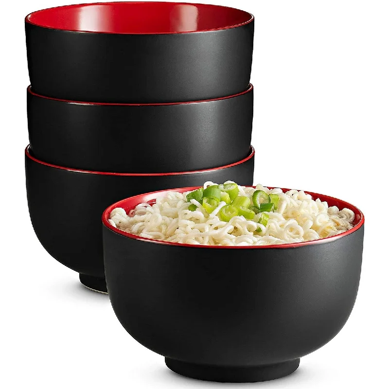 Non-stick serving ladle-Kook Ceramic Ramen Noodle Bowls, Black/Red, 34 oz, Set of 4