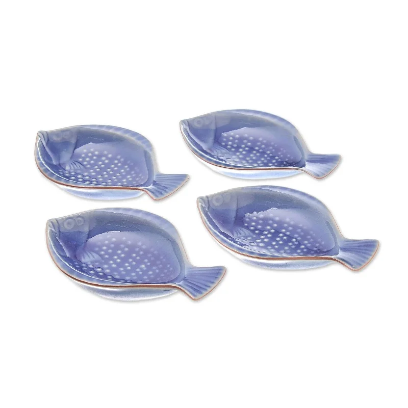 Stackable soup bowl set-Handmade Festive Fish Ceramic Appetizer Bowls, Set of 4 (Thailand) - 0.9" H x 4.9" W x 3.3" D