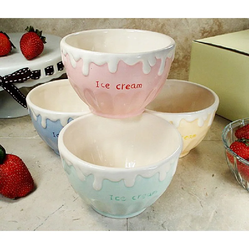 Floral etched glass plate-D'Lusso Designs Four Piece Multi Color Ceramic Ice Cream Bowls Set