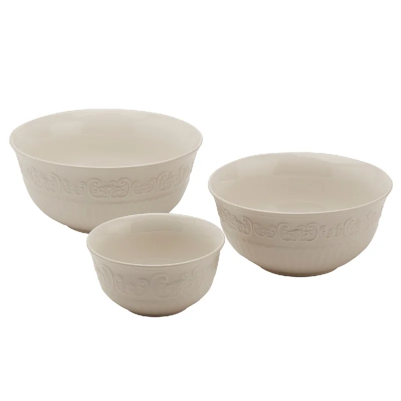 Lightweight camping spoon-Tabletops Gallery 3 Piece Medici Embossed White Bowl Set - 8", 7" & 5" - 8", 7", 5"