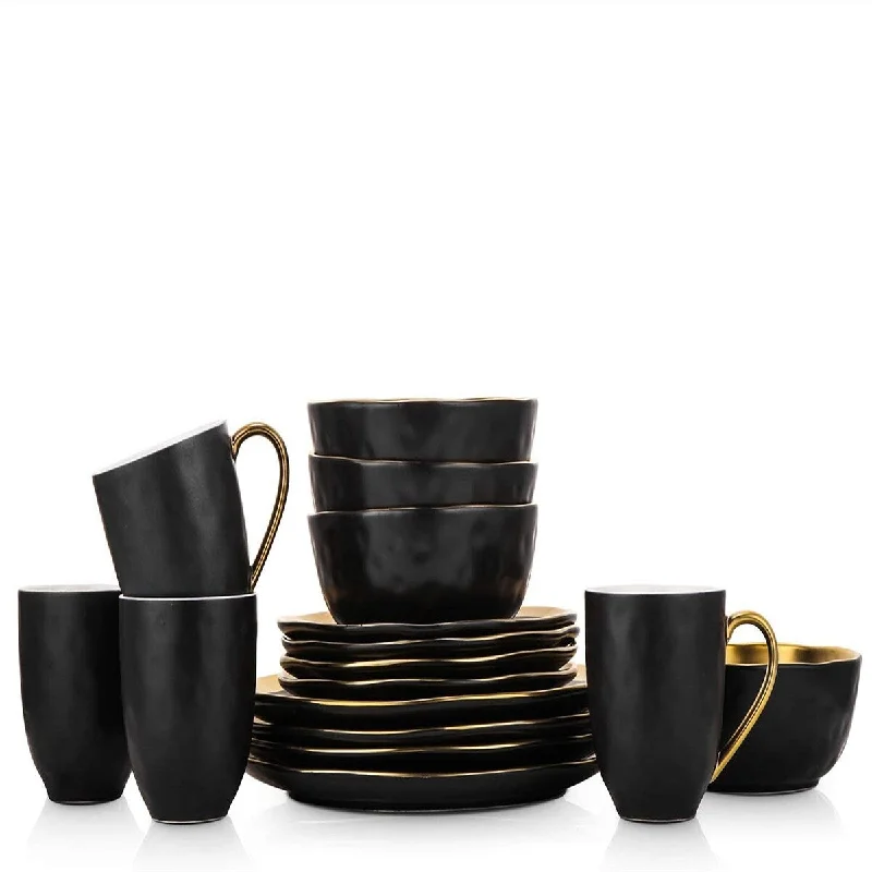 Shatterproof tritan bowl-Stone Lain Porcelain 16 Piece Dinnerware Set, Service for 4, Black and Golden Rim