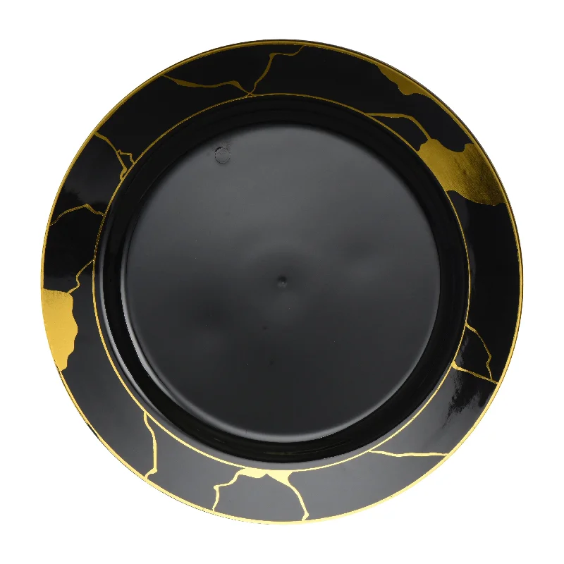 Sleek black serving tray-Black and Gold Round Plastic Plates - Marble