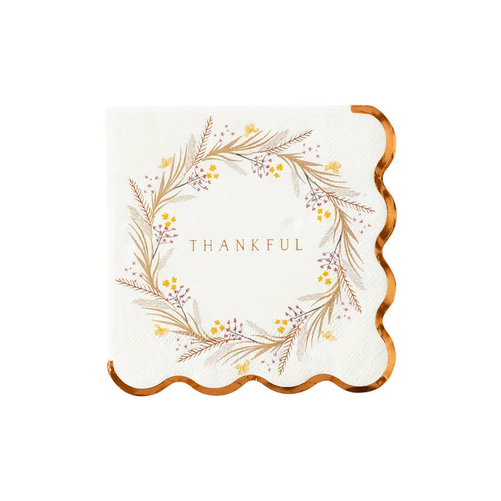 Rustic clay soup bowl-Thanksgiving Thankful Wreath Beverage Napkin | 18 ct