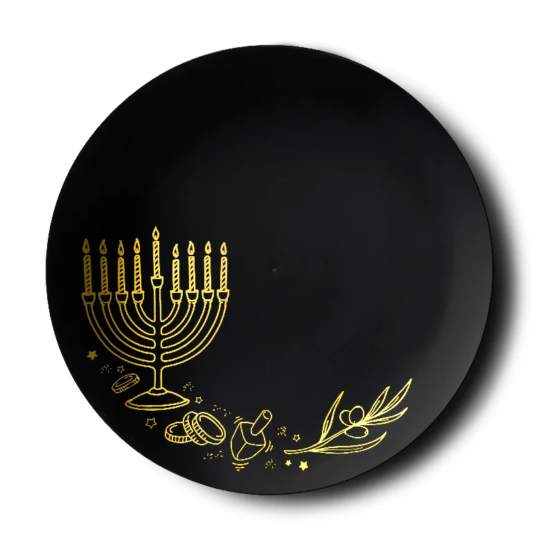 Eco-friendly recycled plate-Black and Gold Round Plastic Plates 10 Pack - Chanukah