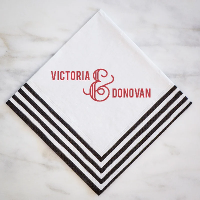 Premium titanium fork-Names & Ampersand Striped Border Napkins