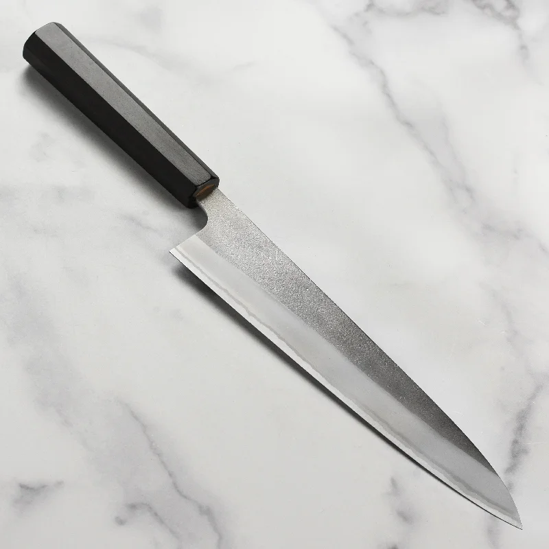 Stainless steel dinner fork-Yoshikane Shirogami #2 Nashiji Stainless Clad 9.4" Gyuto, Ebony