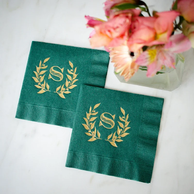 Gold-rimmed dessert plate-Forest Green Monogram Wedding Napkins