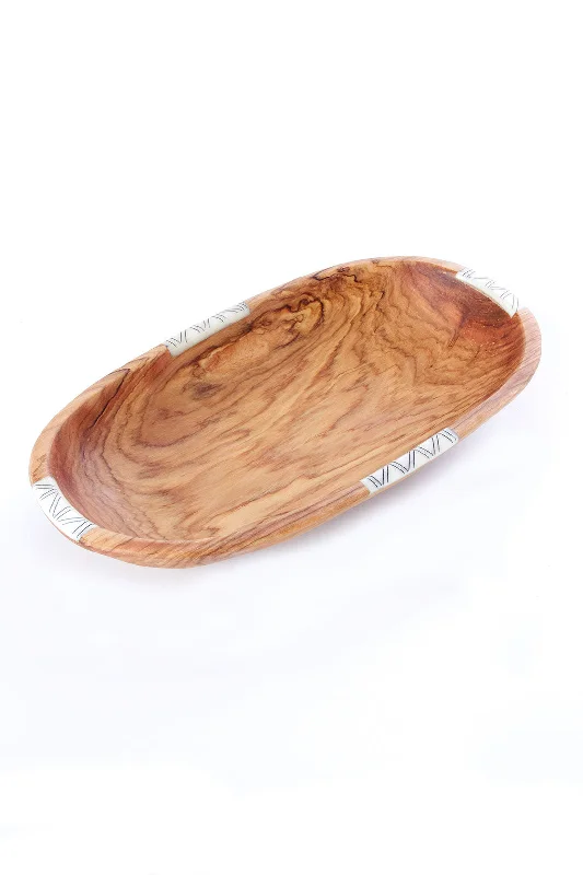 Heavy-duty carving knife-12" Wild Olive Wood Oval Bowl with Striped Bone Inlay