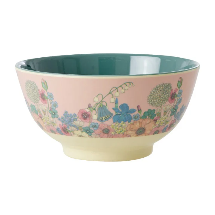 Retro polka dot platter-Rice DK Melamine Bowl with Flower Collage Print - Soft Pink - Medium - 700 ml