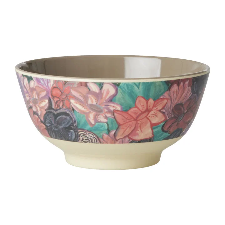 Floral etched glass plate-Rice DK Melamine Bowl with Forest Flower Print - Medium - 700 ml