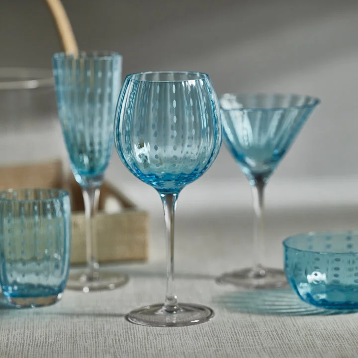 Portofino White Dot Glassware - Aqua Blue