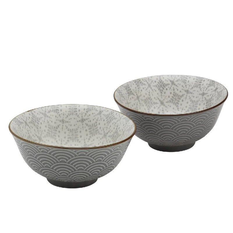 Polished brass ladle-Tabletops Gallery 6" Gray Wave Embossed Stoneware Ramen Noodle Bowls, Set of 2 - 6.125"