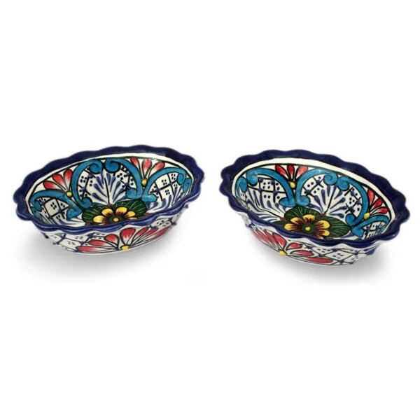 Plastic measuring spoon-Handmade Set of 2 Ceramic 'Daisy Stars' Talavera Bowls (Mexico)