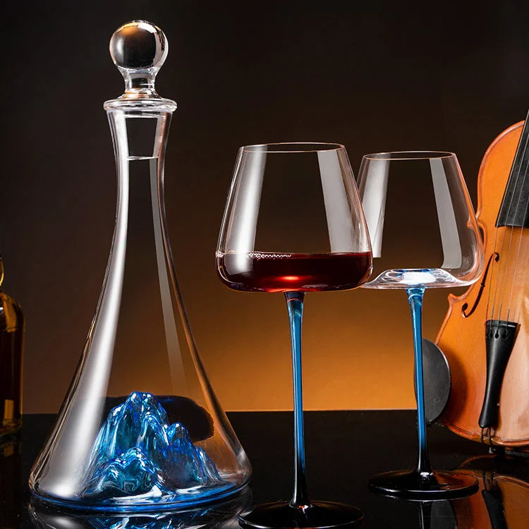 Sleek minimalist tumbler-Handcrafted Blue Stem Burgundy Wine Glass With Blue Mountain Wine Decanter Sets