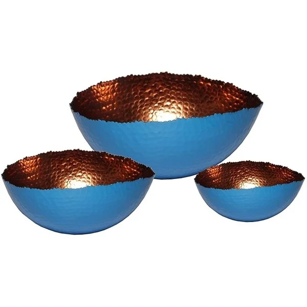 Handmade clay serving dish-Melange Home Decor Cuivre Collection, Set of 3 Oval Bowls - 6", 9" and 12", Color - Blue