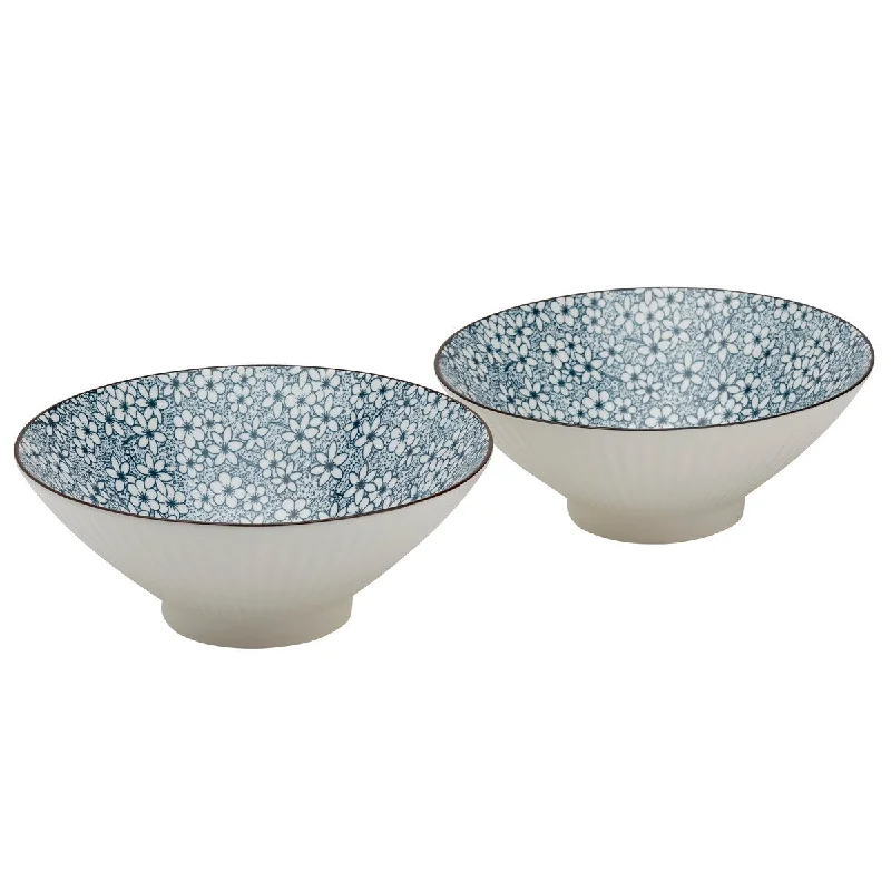 Festive holiday dinner plate-Tabletops Gallery 8" Blue Floral Stoneware Ramen Noodle Bowls, Set of 2 - 8" x 3.125"