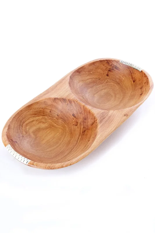 Compact espresso saucer-Wild Olive Wood Double Serving Bowl with Bone Inlay