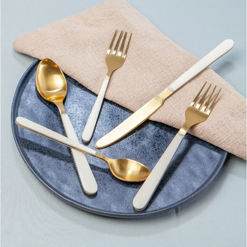 Patterned melamine plate-5pc Flatware Place Setting Gold w/ White Resin Handles in Giftbox - Gold & White