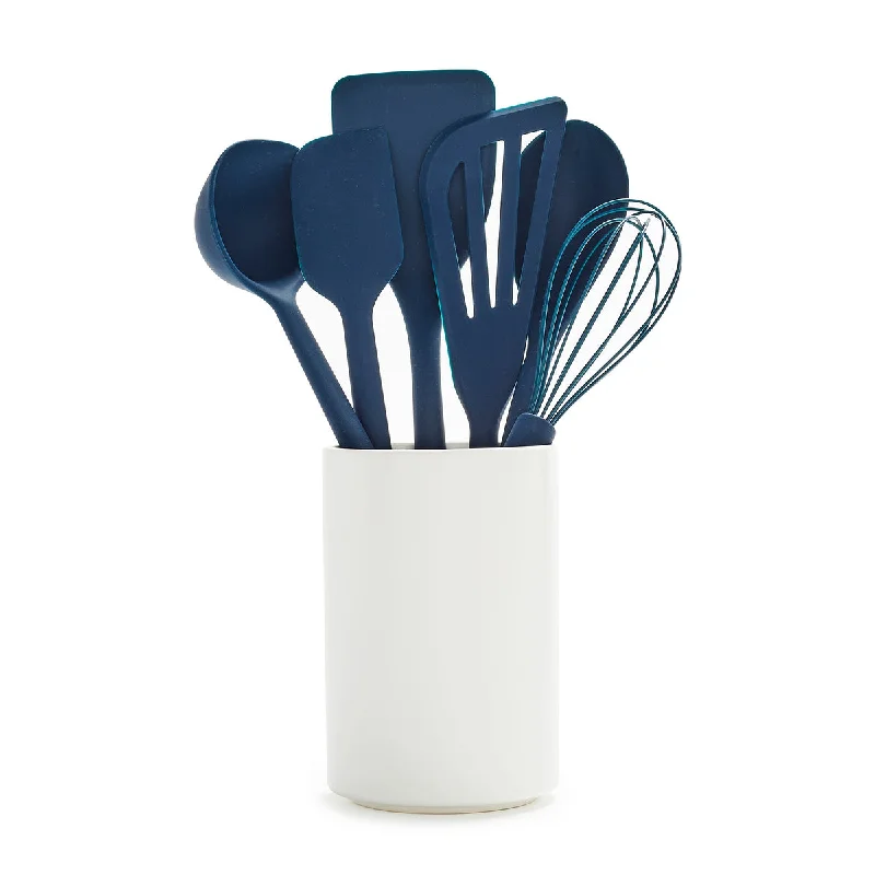 Holiday-themed serving dish-Platinum Silicone 7-Piece Utensil and Crock Set | Navy