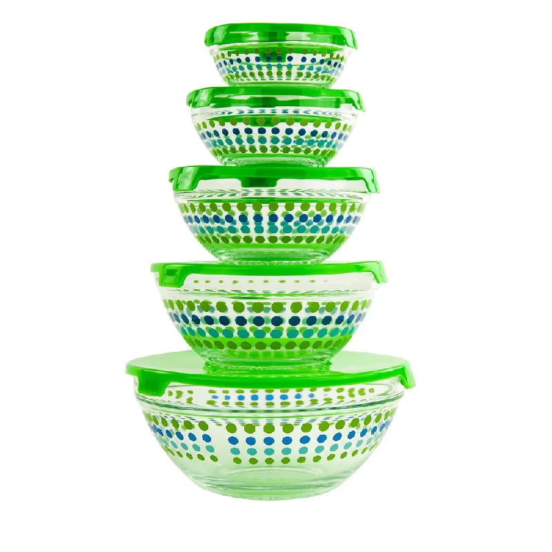 Bamboo salad tongs-10-piece Dotted Glass Lunch Bowls Healthy Food Storage Containers Set with Green Lids