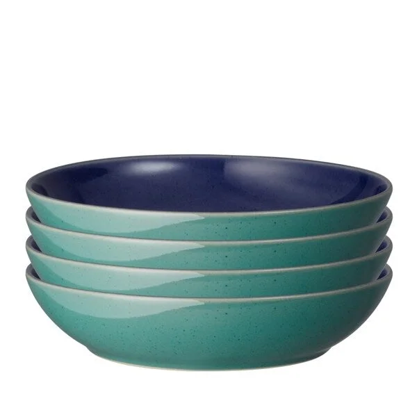 Festive holiday dinner plate-Denby Harlequin Green/Blue Set 4 Pasta Bowls