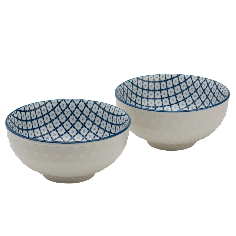 Durable outdoor dinnerware-Tabletops Gallery 6.5" White Embossed Diamond & Blue Pattern Stoneware Ramen Noodle Bowls, Set of 2