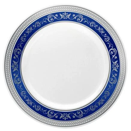 Stackable soup bowl set-Blue and Silver Round Plastic Plates - Royal