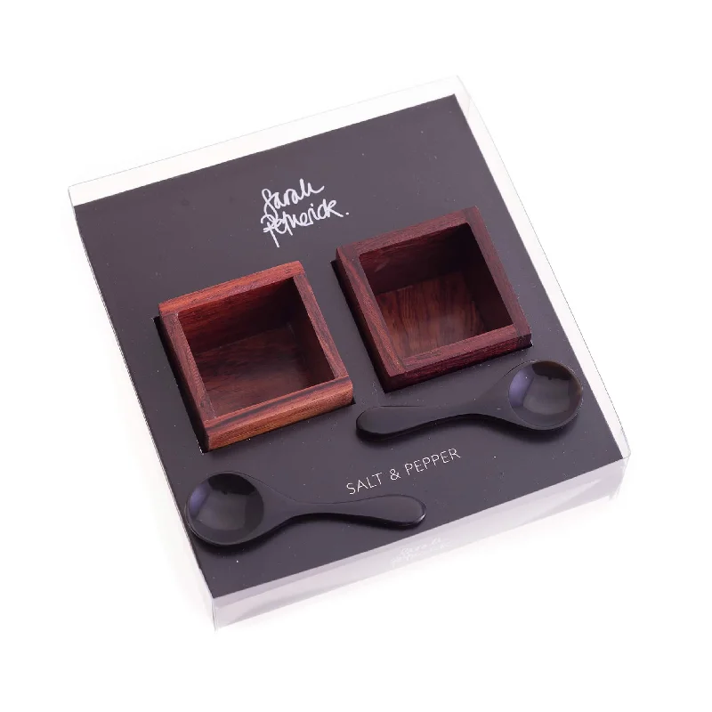 Hand-stitched leather tray-Sarah Petherick Rosewood Salt & Pepper Pots with Black Horn Spoons