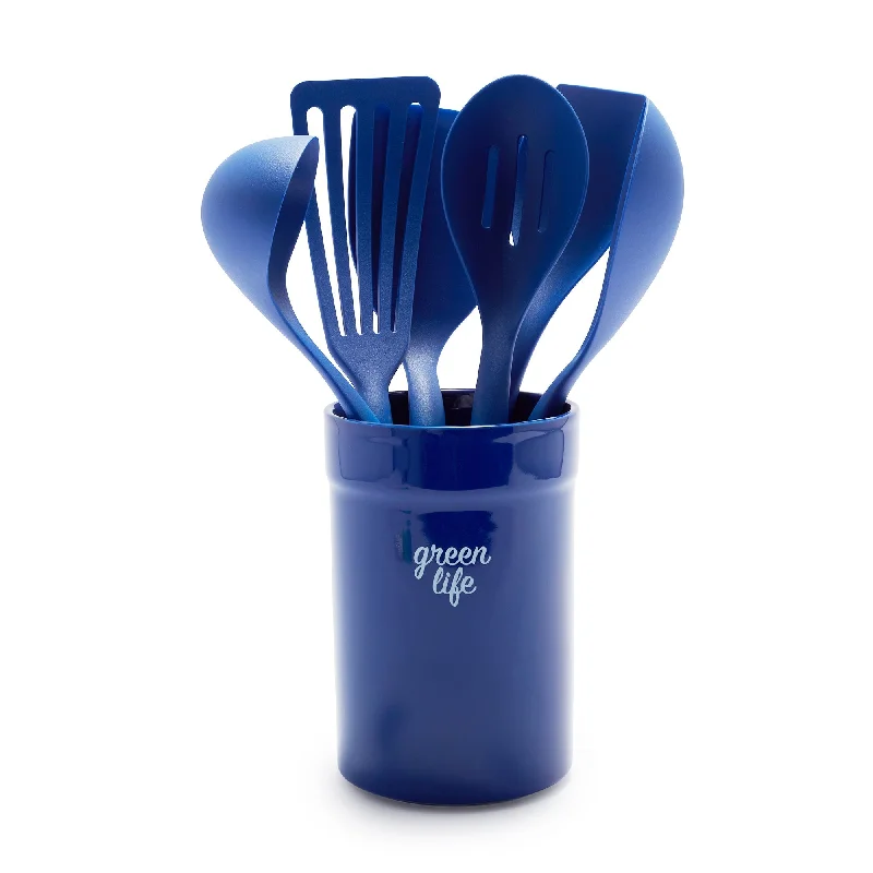 Matte finish serving fork-GreenLife Nylon & Wood Cooking Utensils with Ceramic Crock, 7-Piece Set | Blue