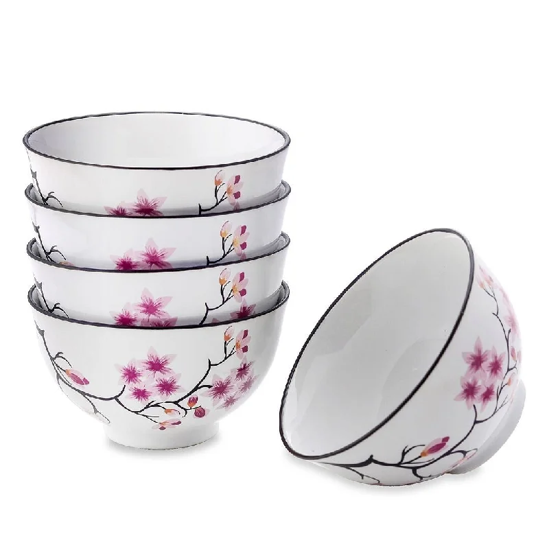 Floral ceramic teapot-Panbado Sakura Japanese Bowls Set of 5, Serving for Rice Soup Cereal