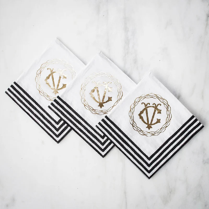 Handmade clay serving dish-Custom Monogram Striped Border Napkins