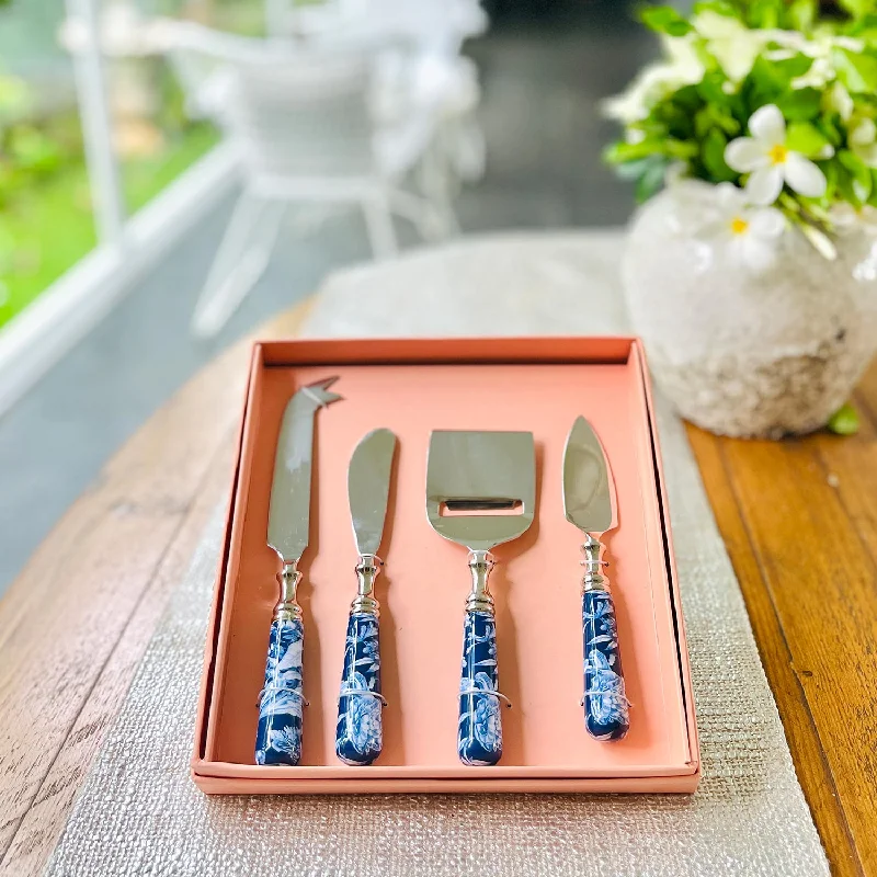 Glazed stoneware platter-Cheese Knives, Set of 4 - Brittany Bleu