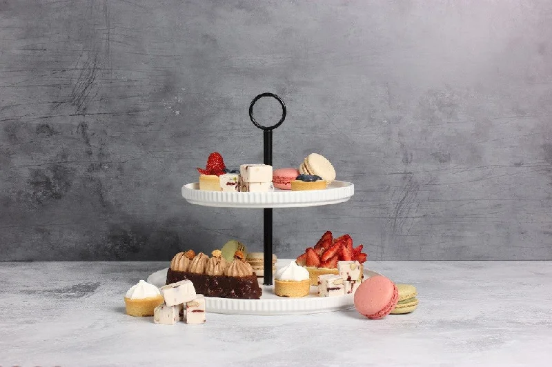 Ombre gradient serving tray-Gabel & Teller Matte White Ceramic 2 Tier Serving Platter with Matte White Stainless Steel Handle Top Tier: 20cm, Bottom Tier: 28cm