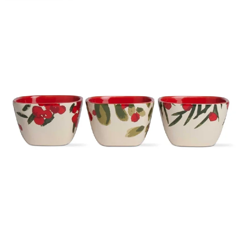 Floral etched glass plate-TAG Greenery Stoneware Bowl-Red/Green Set of 3