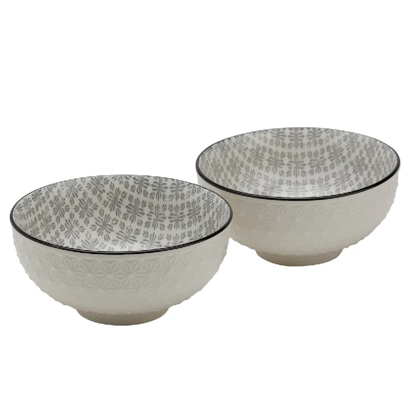 Artisan-crafted salad bowl-Tabletops Gallery 6.5" White Embossed Diamond & Gray Pattern Stoneware Ramen Noodle Bowls, Set of 2