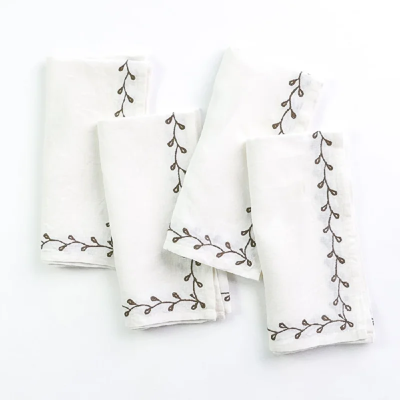 Wooden cheese serving board-Twig & Bud Brown Embroidered Linen Napkin | Set of 4