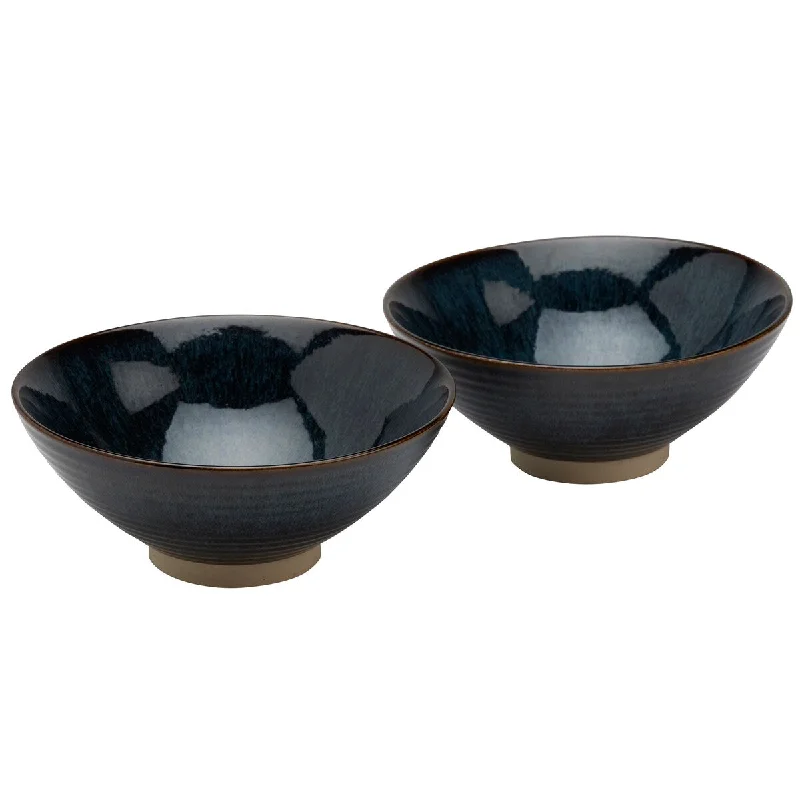 Ceramic soup spoon set-Tabletops Gallery 8" Reactive Blue Stoneware Ramen Noodle Bowls, Set of 2 - 8" x 3.34"