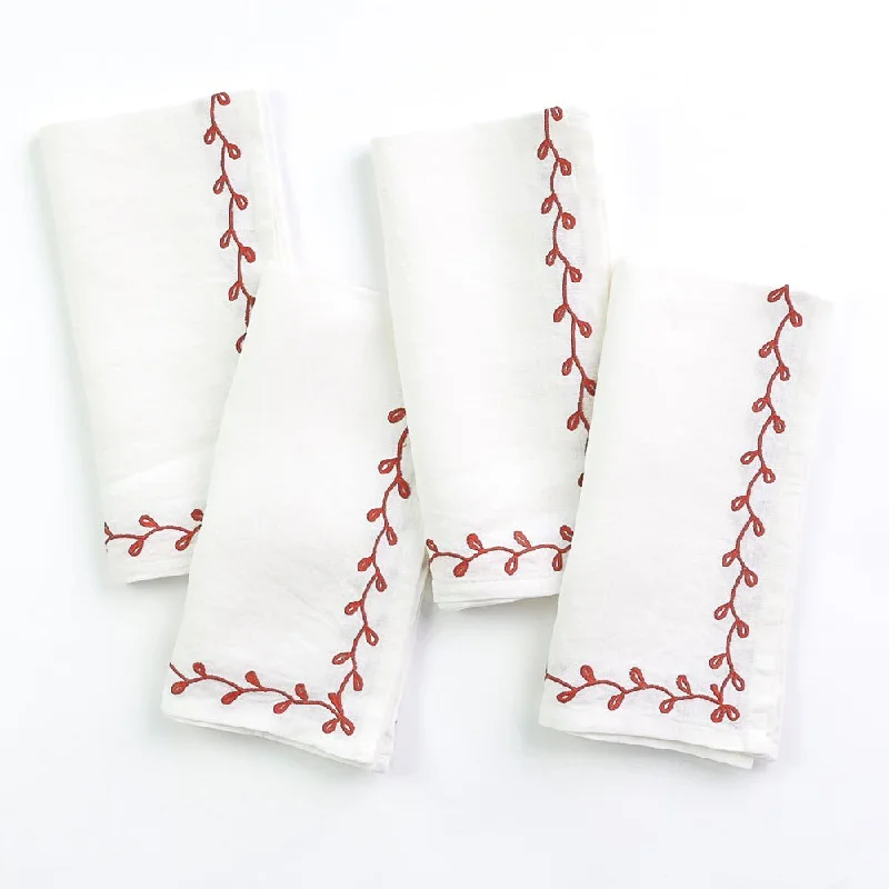 Modern geometric cutlery-Twig & Bud Coral Embroidered Linen Napkin | Set of 4