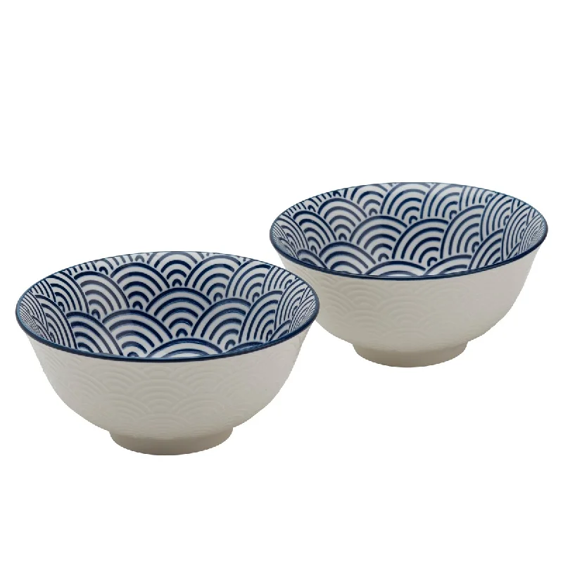 Bamboo salad tongs-Tabletops Gallery 6" Blue Wave Embossed White Stoneware Ramen Noodle Bowls, Set of 2 - 6.125"