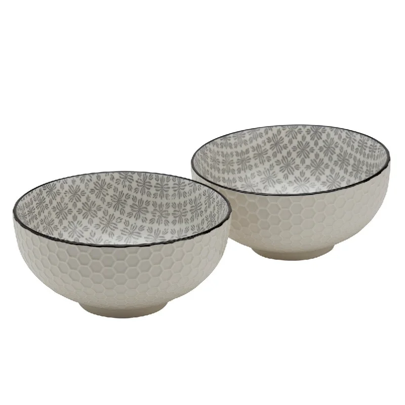 Lightweight picnic fork-Tabletops Gallery 6.5" White Honeycomb Embossed & Gray Design Stoneware Ramen Noodle Bowls, Set of 2