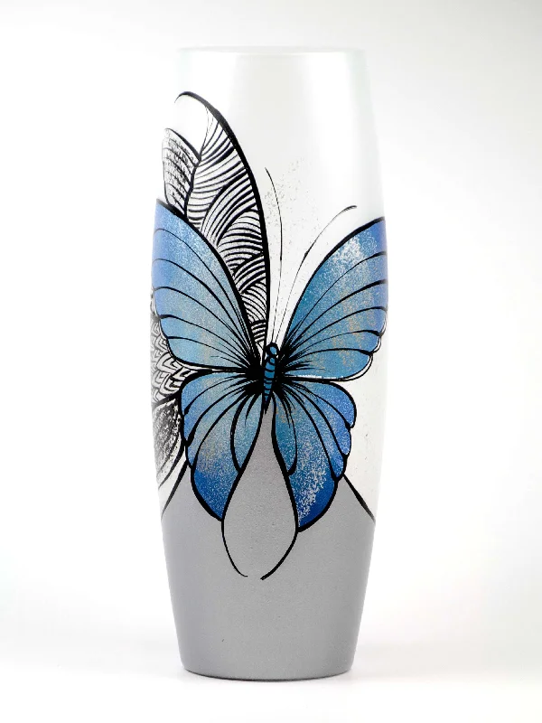 Woven rattan mirror-Blue butterfly floor Vase |  Large Handpainted Glass Vase for Flowers | Room Decor | Floor Vase 16 inch | 7124/400/sh227