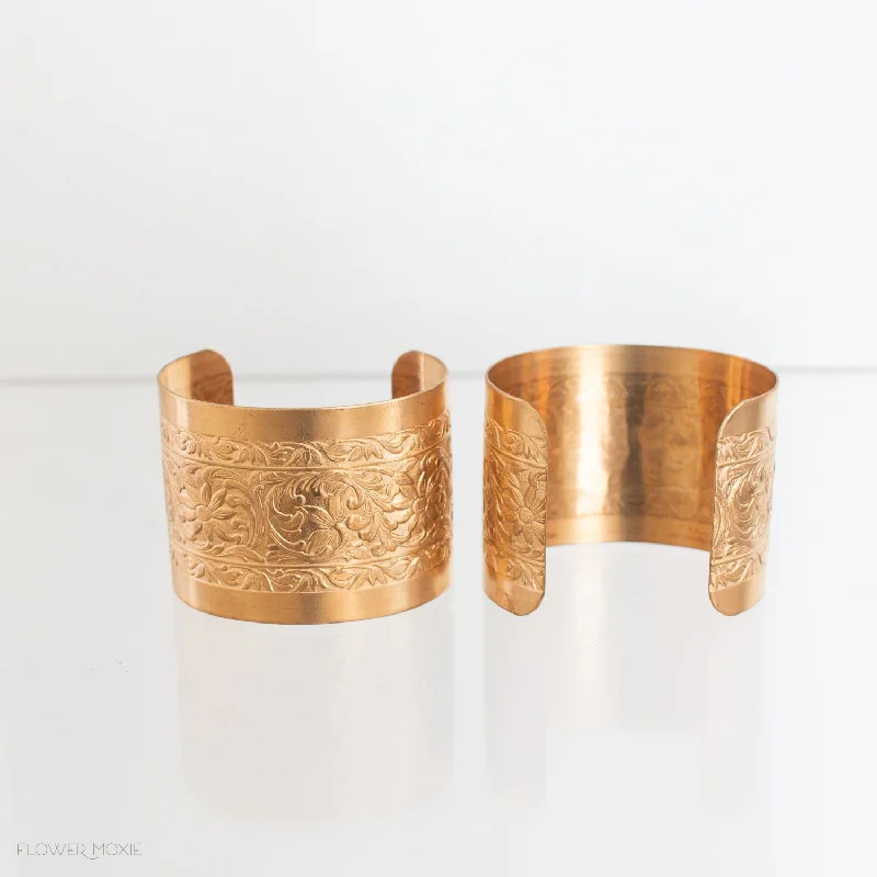 Minimalist ceramic coasters-Floral Embossed Brass Wrist Cuff Corsage - 2''