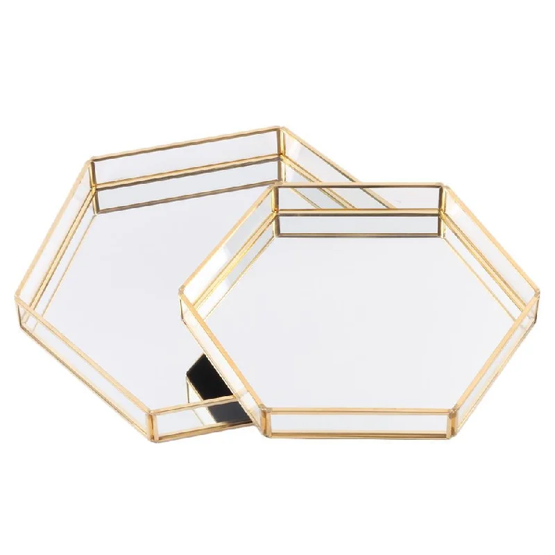 Velvet tufted footstool-Set of 2 Glass Mirror Hexagonal Trays Vanity Set