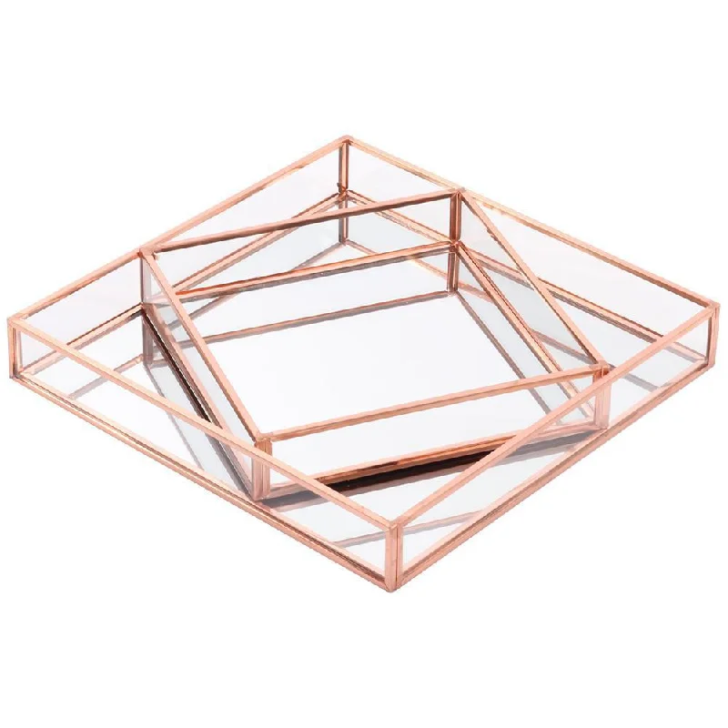 Nordic style candle holder-Set of 2 Glass Mirror Square Trays Vanity Set