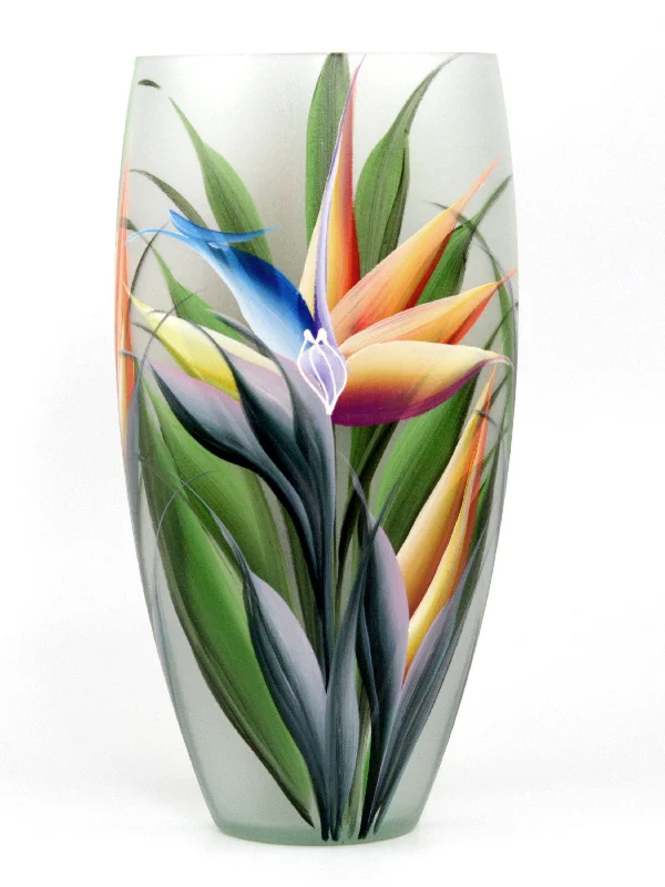 Floral etched glass lantern-Handpainted Glass Vase for Flowers | Strelitzia Painted Art Glass Oval Vase | Interior Design Home Decor 12 inch | 7518/300/sh119