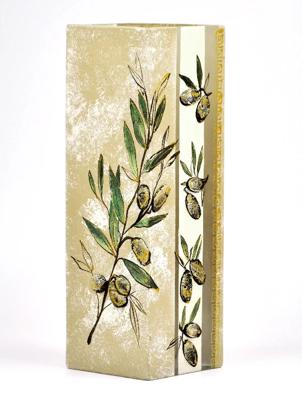 Matte finish table vase-Handpainted Olives Glass Vase | Painted Art Glass Square Vase for Flowers| Table vase 12 inch | Home Decor | Interior Design | 6360/300/sh215