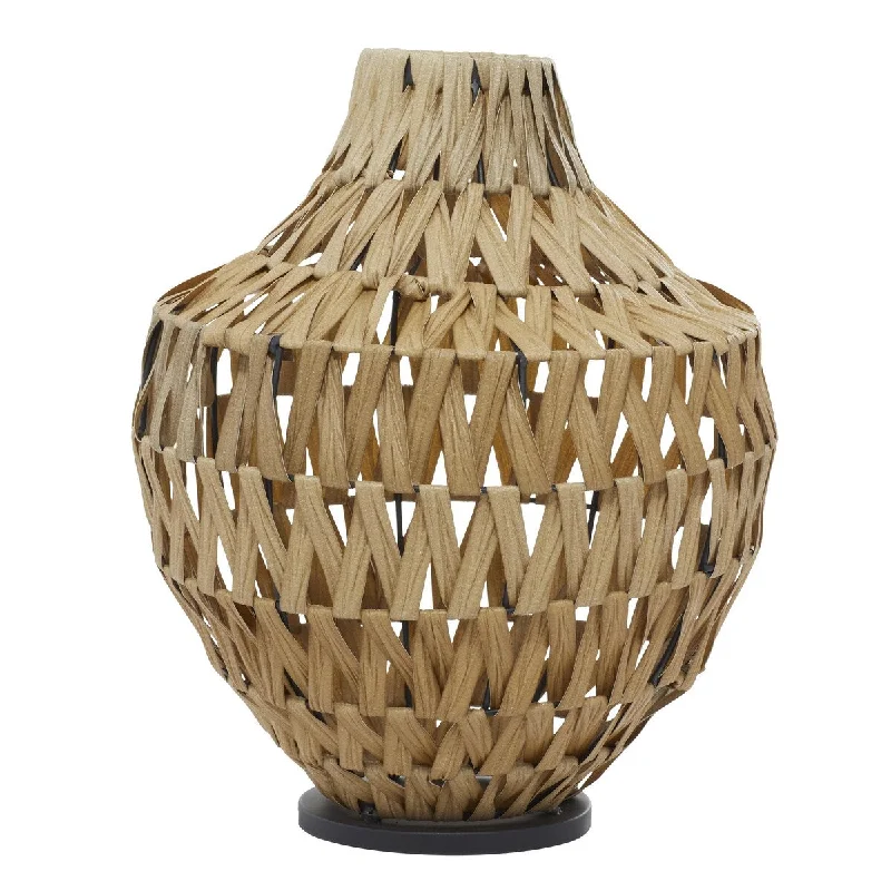 Sculpted ceramic figurine-Plastic Rattan Handmade Woven Decorative Vase with Black Metal Base - Brown - Roche River Decor