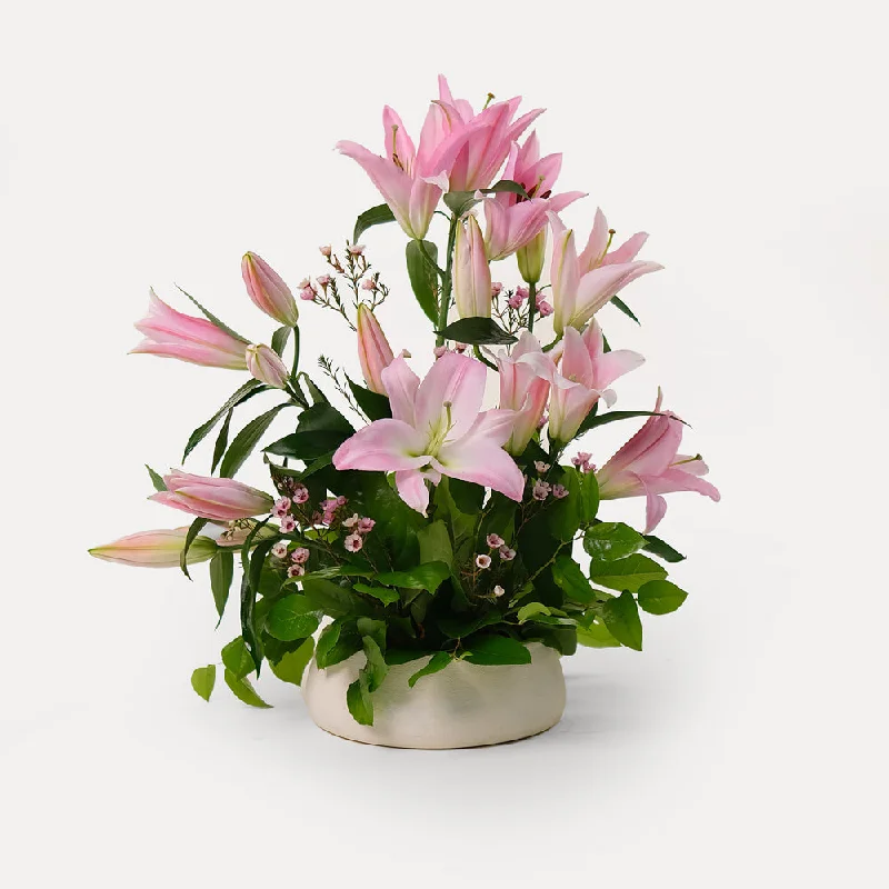 Floral decoupage tray-Pink lily Flower arrangement in ceramic vase