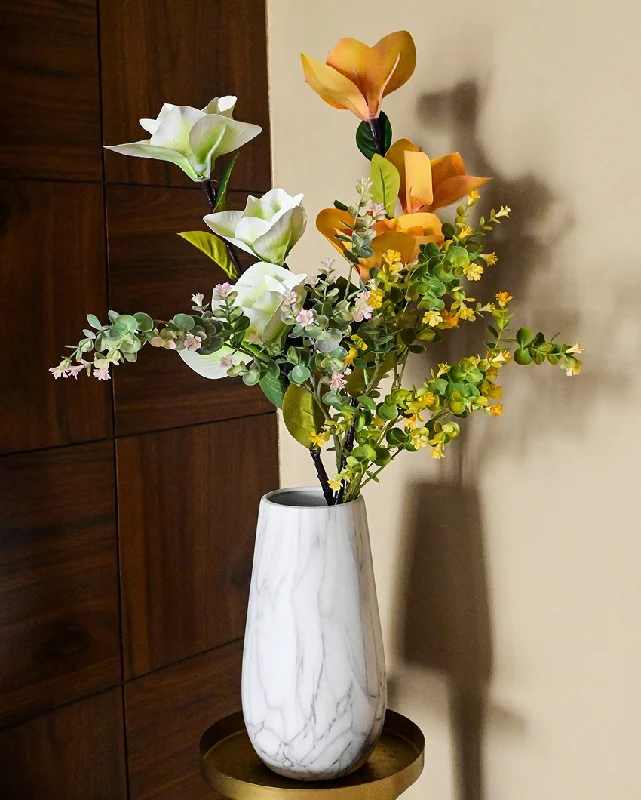 Gold-plated table centerpiece-Stylish White Ceramic Marble Design Ceramic Vase | 7 x 13 inches